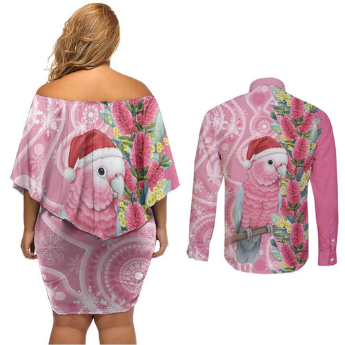 Australia Pink Galah Christmas Couples Matching Off Shoulder Short Dress and Long Sleeve Button Shirt Falalalala Galalah Bottlebrush Aboriginal Art - Aussie Hoodie