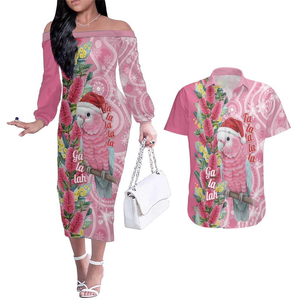 Australia Pink Galah Christmas Couples Matching Off The Shoulder Long Sleeve Dress and Hawaiian Shirt Falalalala Galalah Bottlebrush Aboriginal Art - Aussie Hoodie