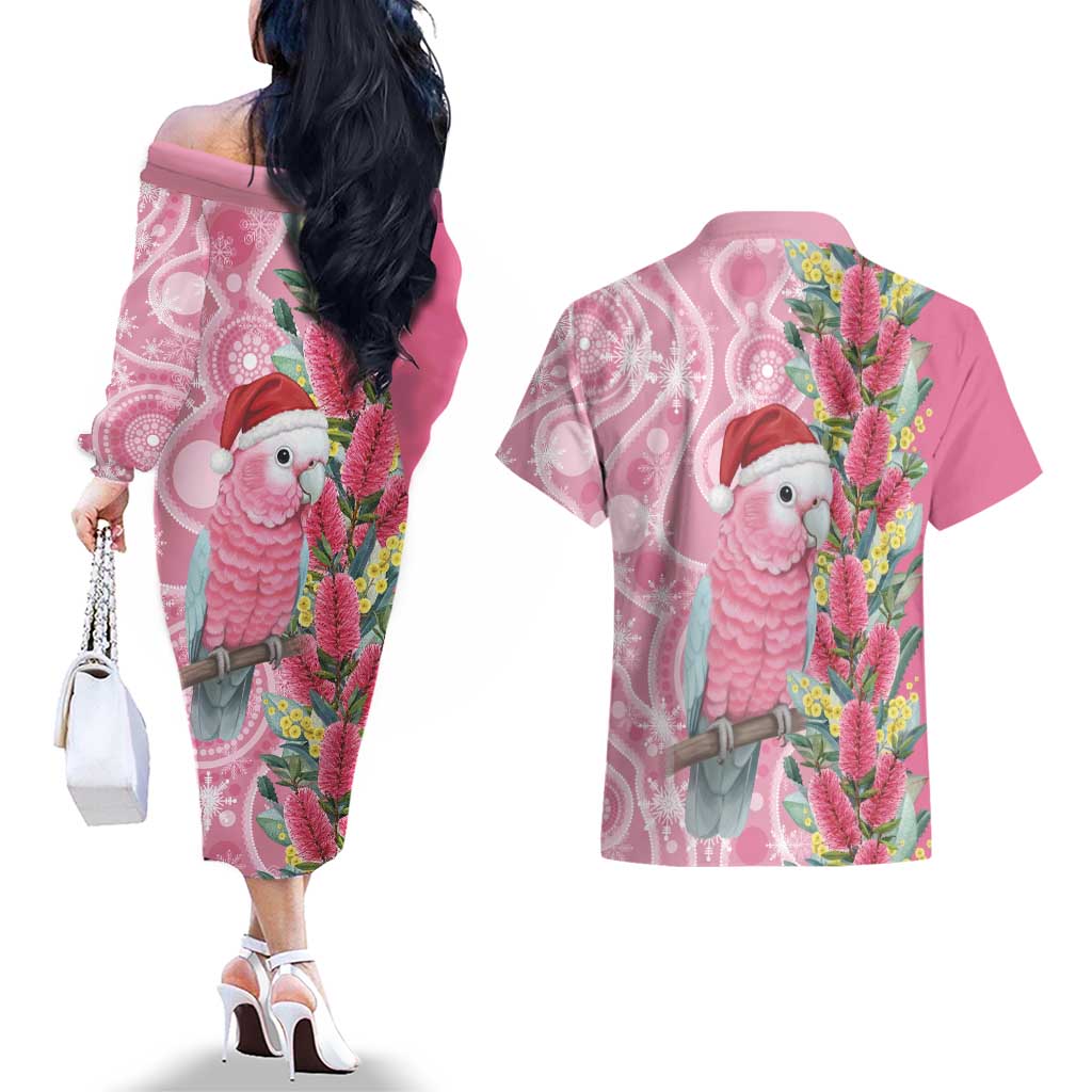 Australia Pink Galah Christmas Couples Matching Off The Shoulder Long Sleeve Dress and Hawaiian Shirt Falalalala Galalah Bottlebrush Aboriginal Art - Aussie Hoodie