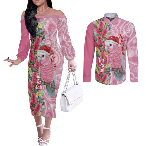 Australia Pink Galah Christmas Couples Matching Off The Shoulder Long Sleeve Dress and Long Sleeve Button Shirt Falalalala Galalah Bottlebrush Aboriginal Art - Aussie Hoodie