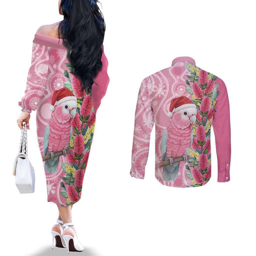 Australia Pink Galah Christmas Couples Matching Off The Shoulder Long Sleeve Dress and Long Sleeve Button Shirt Falalalala Galalah Bottlebrush Aboriginal Art - Aussie Hoodie