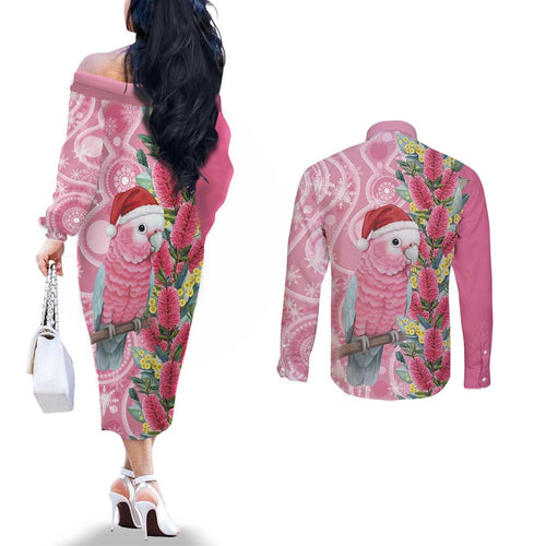 Australia Pink Galah Christmas Couples Matching Off The Shoulder Long Sleeve Dress and Long Sleeve Button Shirt Falalalala Galalah Bottlebrush Aboriginal Art - Aussie Hoodie