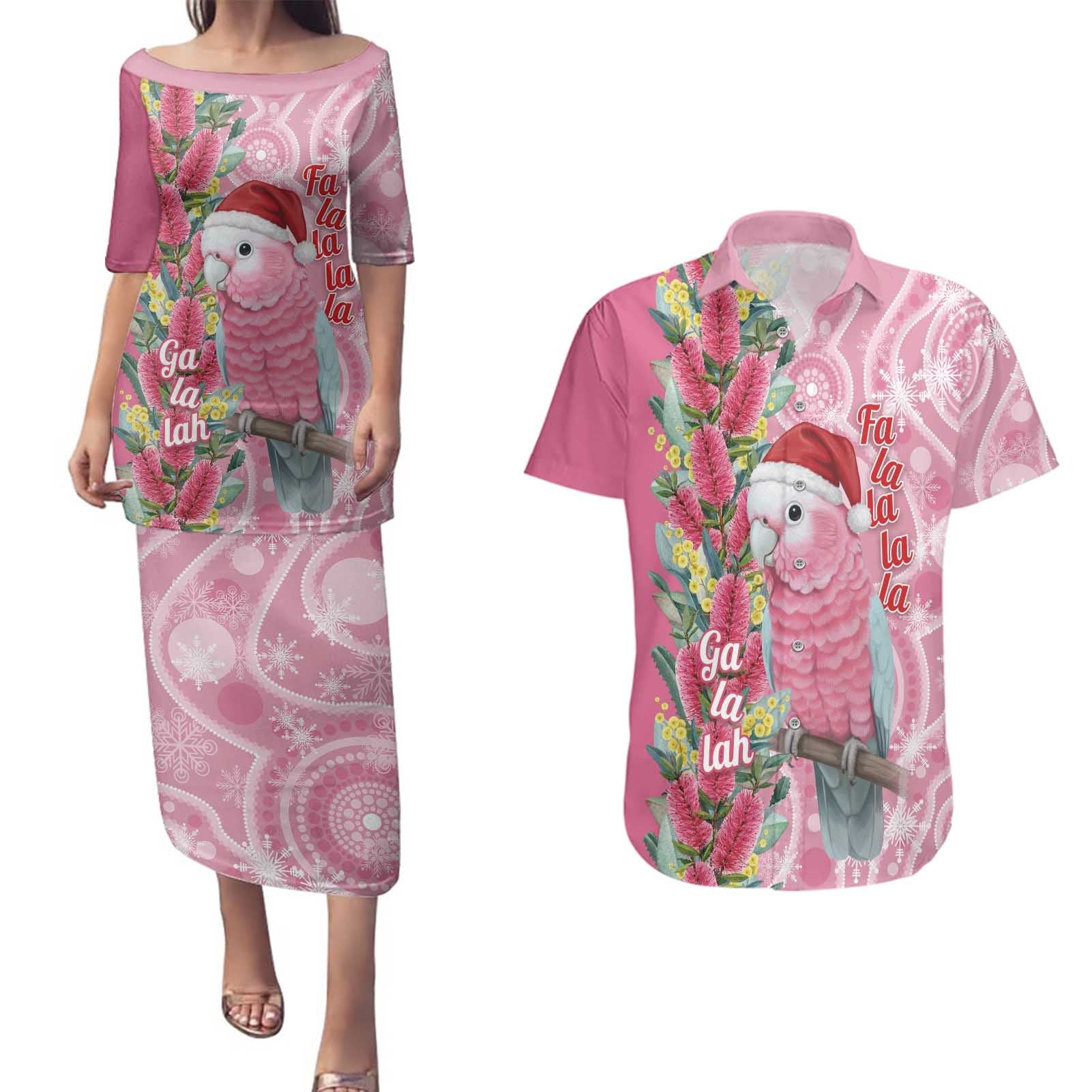 Australia Pink Galah Christmas Couples Matching Puletasi and Hawaiian Shirt Falalalala Galalah Bottlebrush Aboriginal Art - Aussie Hoodie