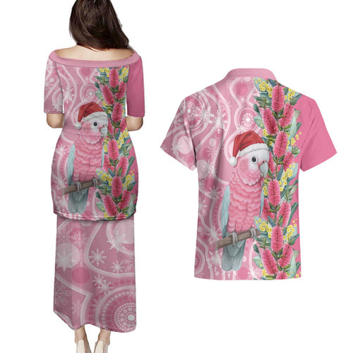 Australia Pink Galah Christmas Couples Matching Puletasi and Hawaiian Shirt Falalalala Galalah Bottlebrush Aboriginal Art - Aussie Hoodie