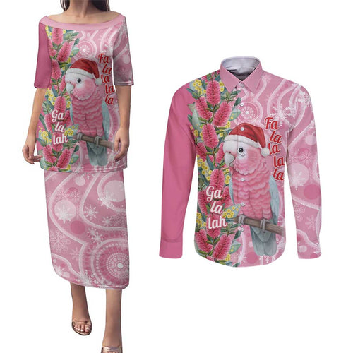 Australia Pink Galah Christmas Couples Matching Puletasi and Long Sleeve Button Shirt Falalalala Galalah Bottlebrush Aboriginal Art - Aussie Hoodie