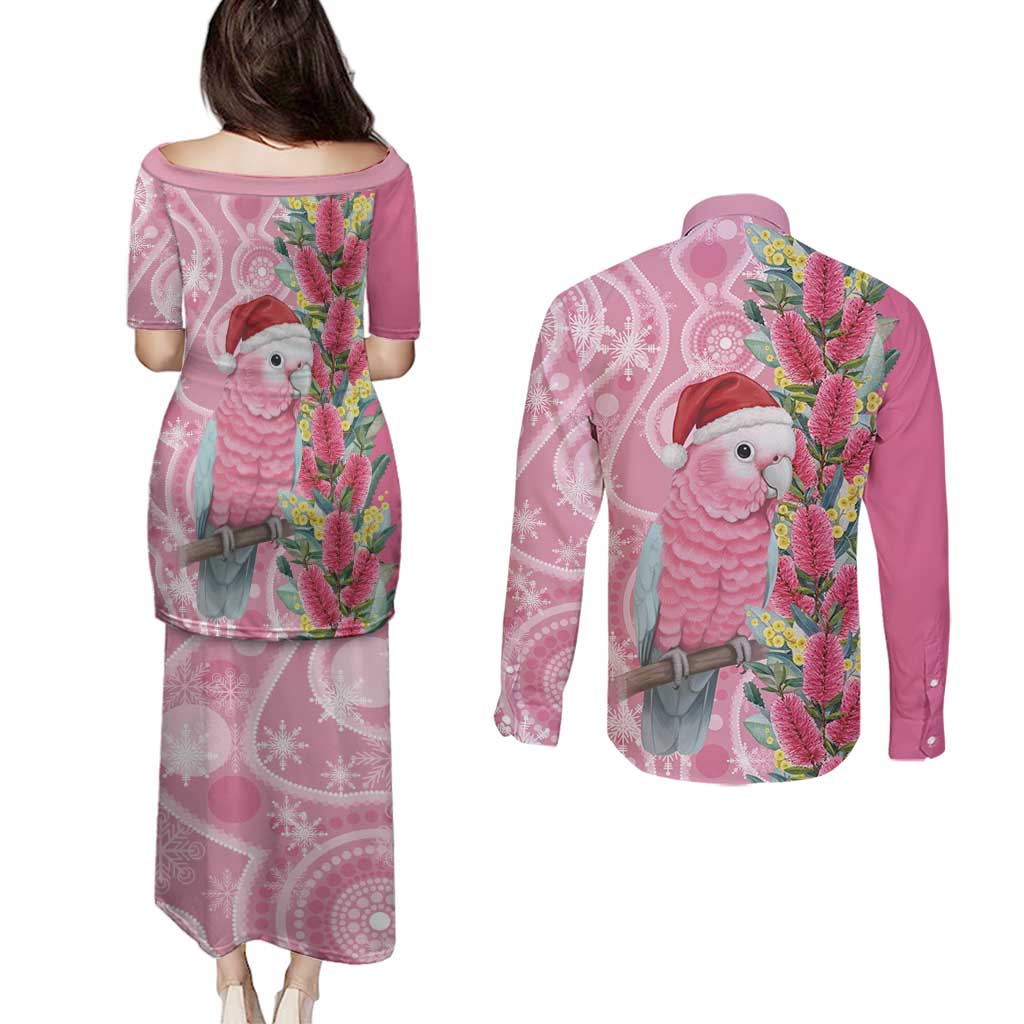 Australia Pink Galah Christmas Couples Matching Puletasi and Long Sleeve Button Shirt Falalalala Galalah Bottlebrush Aboriginal Art - Aussie Hoodie