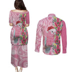 Australia Pink Galah Christmas Couples Matching Puletasi and Long Sleeve Button Shirt Falalalala Galalah Bottlebrush Aboriginal Art - Aussie Hoodie