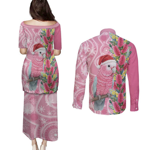 Australia Pink Galah Christmas Couples Matching Puletasi and Long Sleeve Button Shirt Falalalala Galalah Bottlebrush Aboriginal Art - Aussie Hoodie