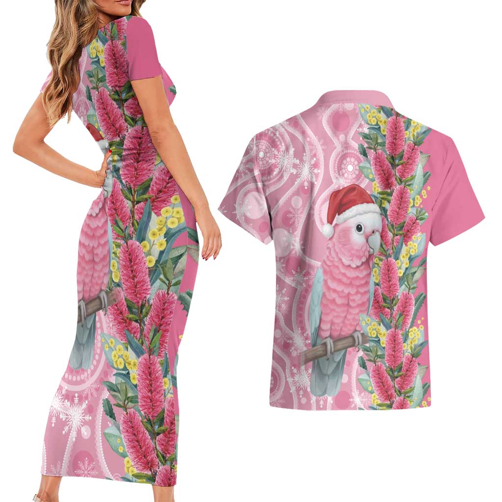 Australia Pink Galah Christmas Couples Matching Short Sleeve Bodycon Dress and Hawaiian Shirt Falalalala Galalah Bottlebrush Aboriginal Art - Aussie Hoodie