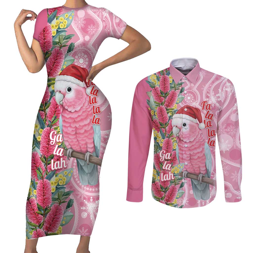 Australia Pink Galah Christmas Couples Matching Short Sleeve Bodycon Dress and Long Sleeve Button Shirt Falalalala Galalah Bottlebrush Aboriginal Art - Aussie Hoodie