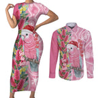 Australia Pink Galah Christmas Couples Matching Short Sleeve Bodycon Dress and Long Sleeve Button Shirt Falalalala Galalah Bottlebrush Aboriginal Art - Aussie Hoodie