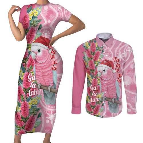 Australia Pink Galah Christmas Couples Matching Short Sleeve Bodycon Dress and Long Sleeve Button Shirt Falalalala Galalah Bottlebrush Aboriginal Art - Aussie Hoodie