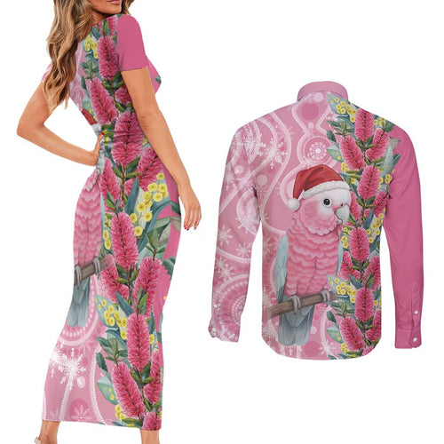 Australia Pink Galah Christmas Couples Matching Short Sleeve Bodycon Dress and Long Sleeve Button Shirt Falalalala Galalah Bottlebrush Aboriginal Art - Aussie Hoodie
