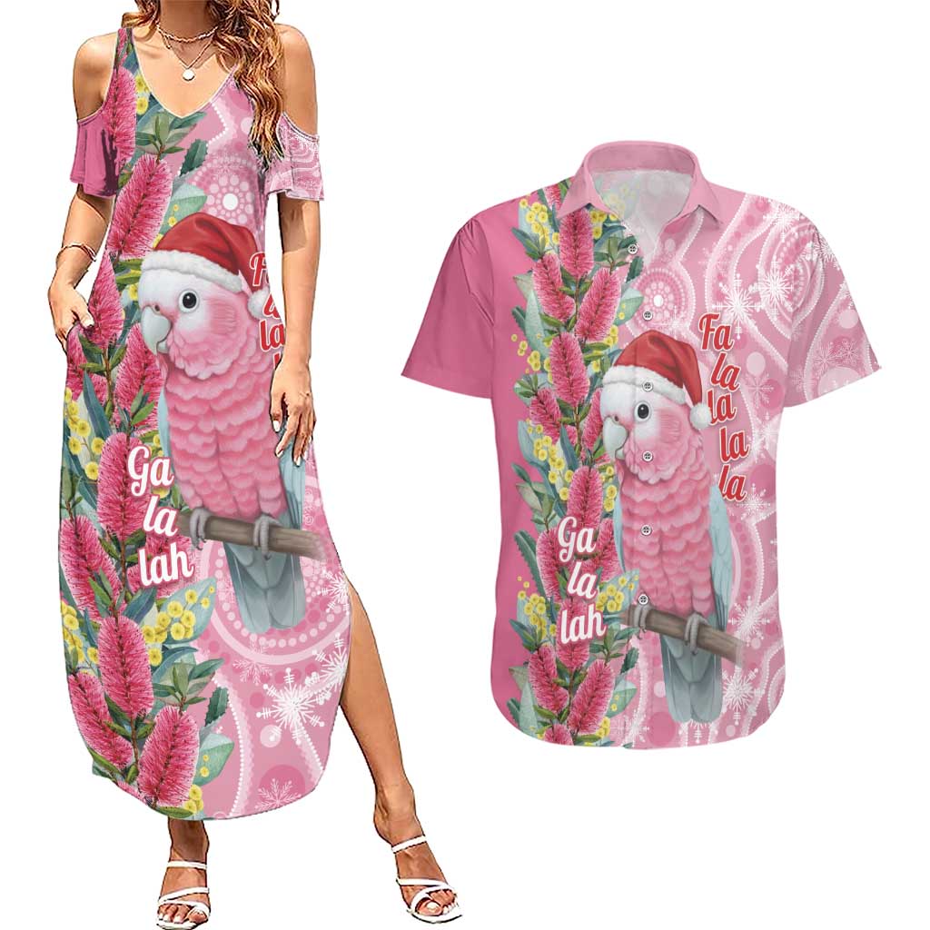 Australia Pink Galah Christmas Couples Matching Summer Maxi Dress and Hawaiian Shirt Falalalala Galalah Bottlebrush Aboriginal Art - Aussie Hoodie