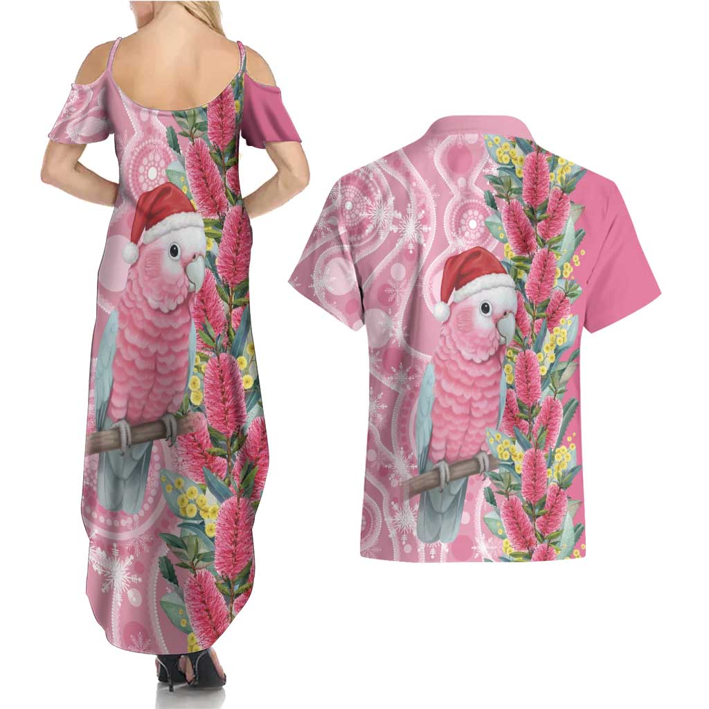 Australia Pink Galah Christmas Couples Matching Summer Maxi Dress and Hawaiian Shirt Falalalala Galalah Bottlebrush Aboriginal Art - Aussie Hoodie