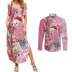 Australia Pink Galah Christmas Couples Matching Summer Maxi Dress and Long Sleeve Button Shirt Falalalala Galalah Bottlebrush Aboriginal Art - Aussie Hoodie