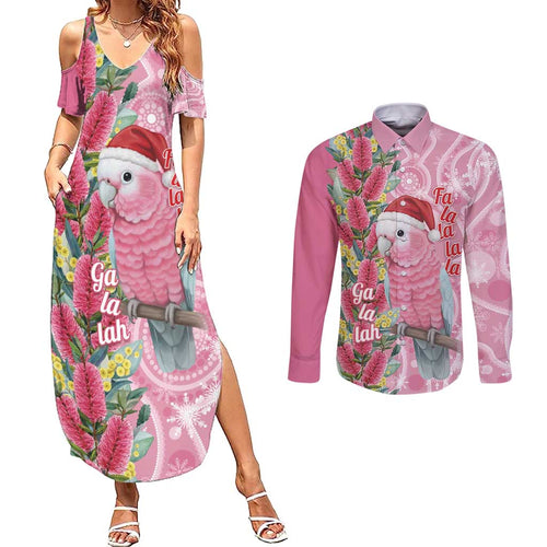 Australia Pink Galah Christmas Couples Matching Summer Maxi Dress and Long Sleeve Button Shirt Falalalala Galalah Bottlebrush Aboriginal Art - Aussie Hoodie