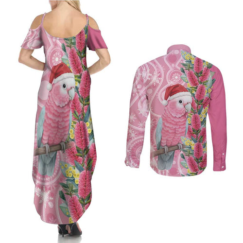 Australia Pink Galah Christmas Couples Matching Summer Maxi Dress and Long Sleeve Button Shirt Falalalala Galalah Bottlebrush Aboriginal Art - Aussie Hoodie