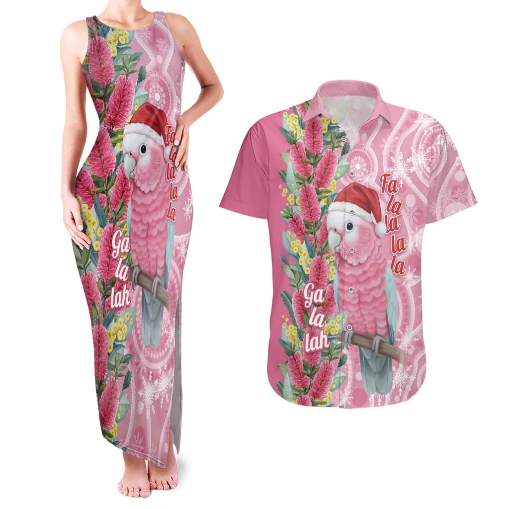 Australia Pink Galah Christmas Couples Matching Tank Maxi Dress and Hawaiian Shirt Falalalala Galalah Bottlebrush Aboriginal Art - Aussie Hoodie