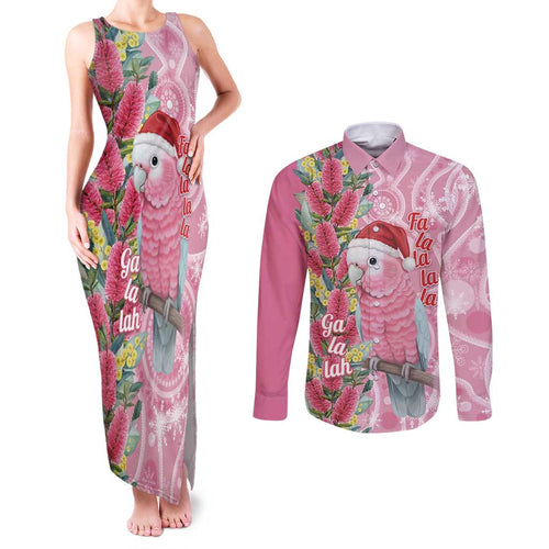 Australia Pink Galah Christmas Couples Matching Tank Maxi Dress and Long Sleeve Button Shirt Falalalala Galalah Bottlebrush Aboriginal Art - Aussie Hoodie