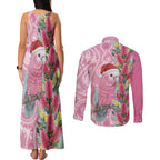 Australia Pink Galah Christmas Couples Matching Tank Maxi Dress and Long Sleeve Button Shirt Falalalala Galalah Bottlebrush Aboriginal Art - Aussie Hoodie