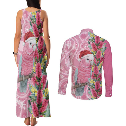 Australia Pink Galah Christmas Couples Matching Tank Maxi Dress and Long Sleeve Button Shirt Falalalala Galalah Bottlebrush Aboriginal Art - Aussie Hoodie
