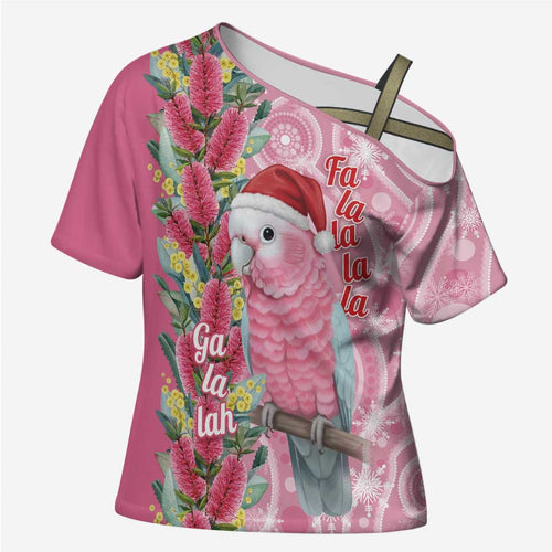 Australia Pink Galah Christmas Cross Shoulder Shirt Falalalala Galalah Bottlebrush Aboriginal Art - Aussie Hoodie