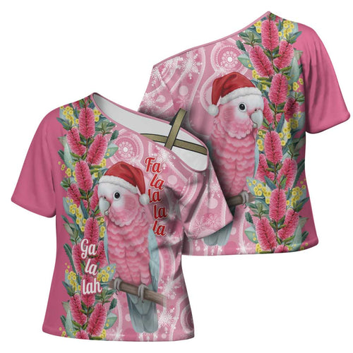 Australia Pink Galah Christmas Cross Shoulder Shirt Falalalala Galalah Bottlebrush Aboriginal Art - Aussie Hoodie