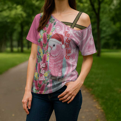 Australia Pink Galah Christmas Cross Shoulder Shirt Falalalala Galalah Bottlebrush Aboriginal Art - Aussie Hoodie