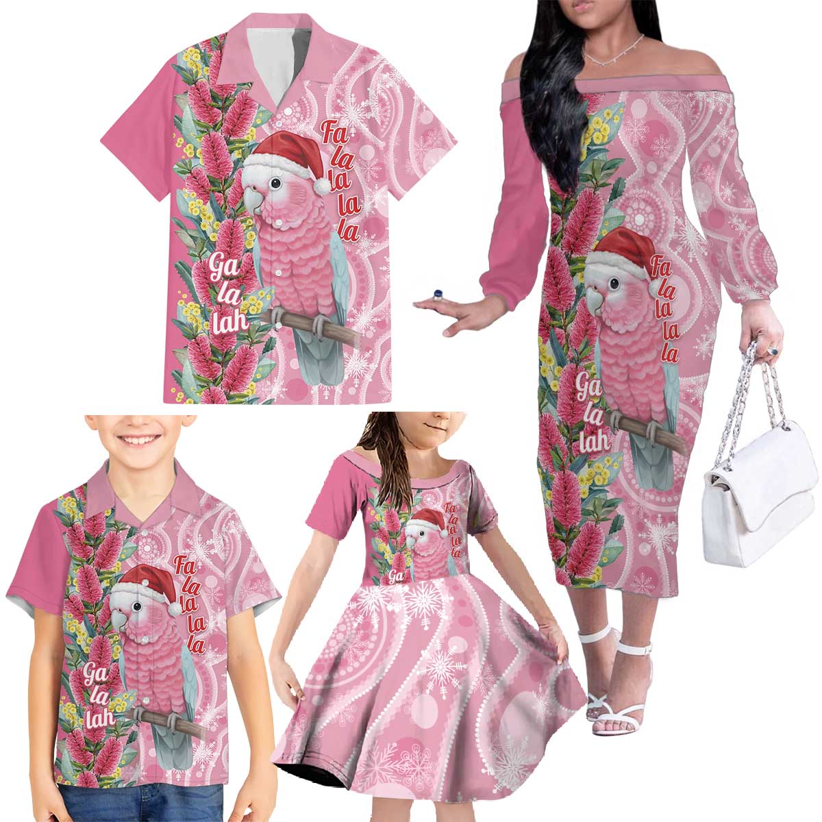 Australia Pink Galah Christmas Family Matching Off The Shoulder Long Sleeve Dress and Hawaiian Shirt Falalalala Galalah Bottlebrush Aboriginal Art - Aussie Hoodie