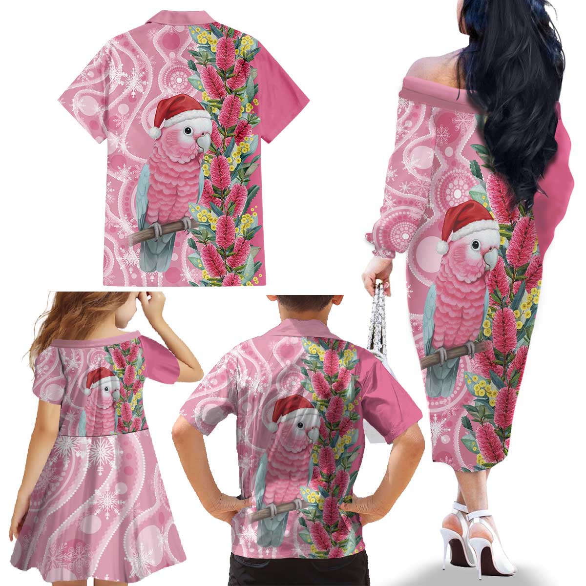 Australia Pink Galah Christmas Family Matching Off The Shoulder Long Sleeve Dress and Hawaiian Shirt Falalalala Galalah Bottlebrush Aboriginal Art - Aussie Hoodie