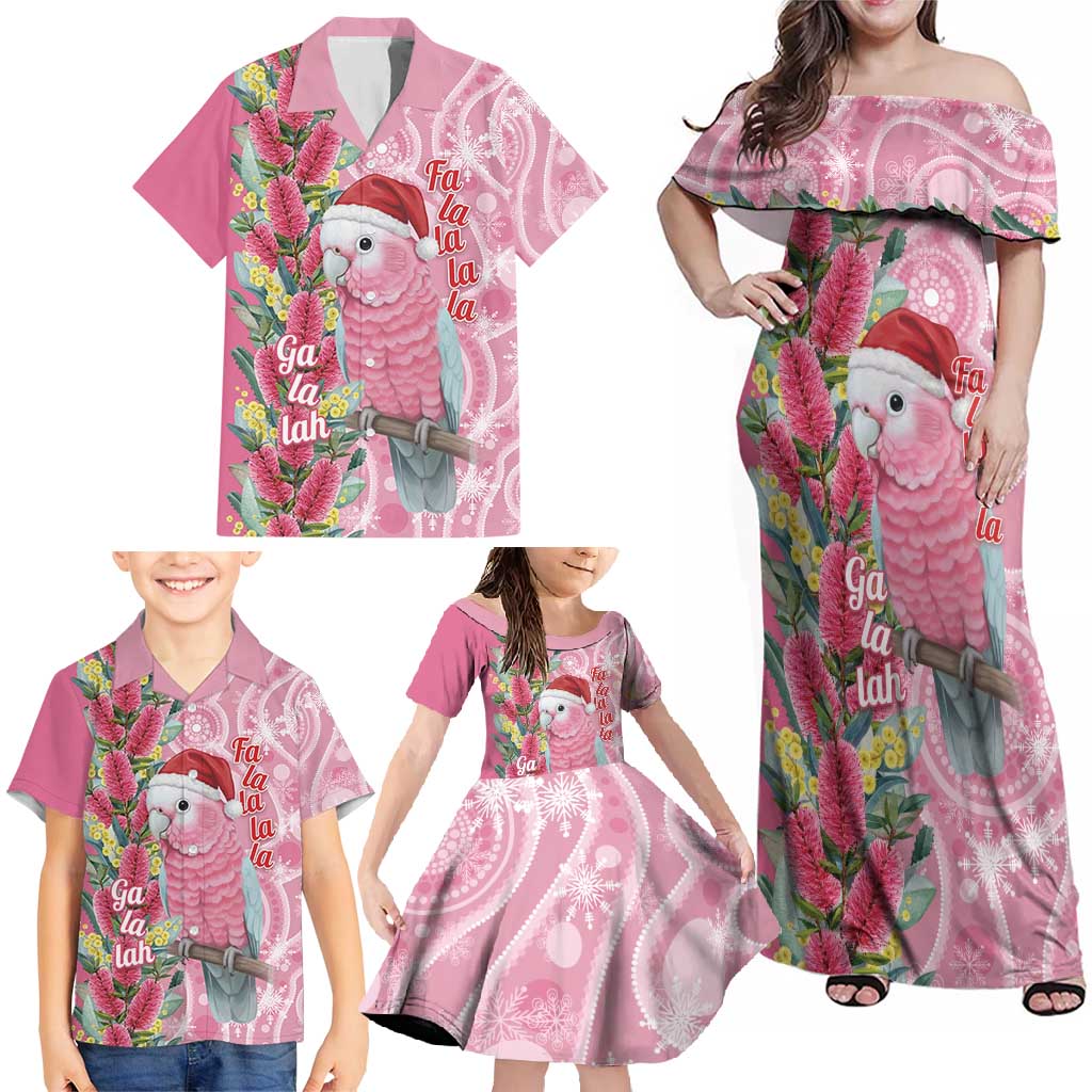 Australia Pink Galah Christmas Family Matching Off Shoulder Maxi Dress and Hawaiian Shirt Falalalala Galalah Bottlebrush Aboriginal Art - Aussie Hoodie