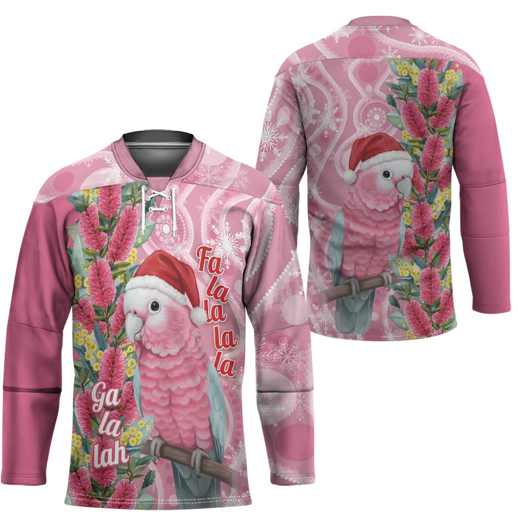 Australia Pink Galah Christmas Hockey Jersey Falalalala Galalah Bottlebrush Aboriginal Art - Aussie Hoodie
