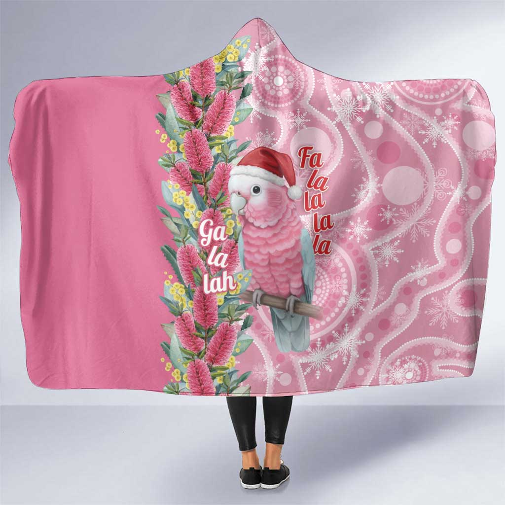 Australia Pink Galah Christmas Hooded Blanket Falalalala Galalah Bottlebrush Aboriginal Art - Aussie Hoodie