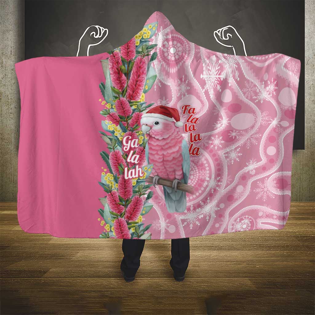 Australia Pink Galah Christmas Hooded Blanket Falalalala Galalah Bottlebrush Aboriginal Art - Aussie Hoodie