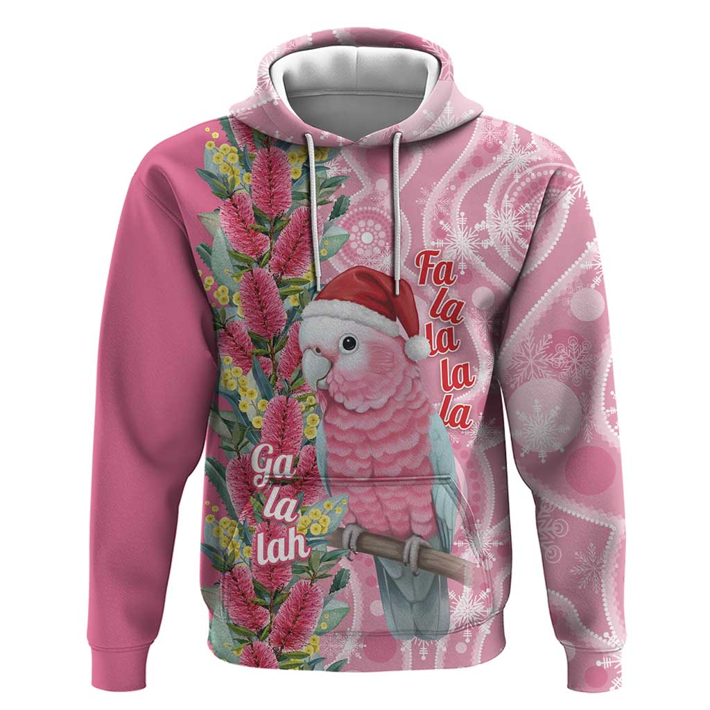 Australia Pink Galah Christmas Hoodie Falalalala Galalah Bottlebrush Aboriginal Art - Aussie Hoodie