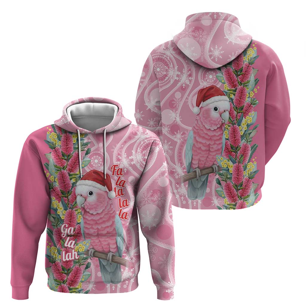 Australia Pink Galah Christmas Hoodie Falalalala Galalah Bottlebrush Aboriginal Art - Aussie Hoodie