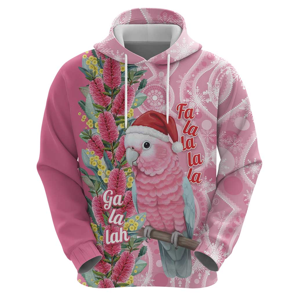Australia Pink Galah Christmas Hoodie Falalalala Galalah Bottlebrush Aboriginal Art - Aussie Hoodie
