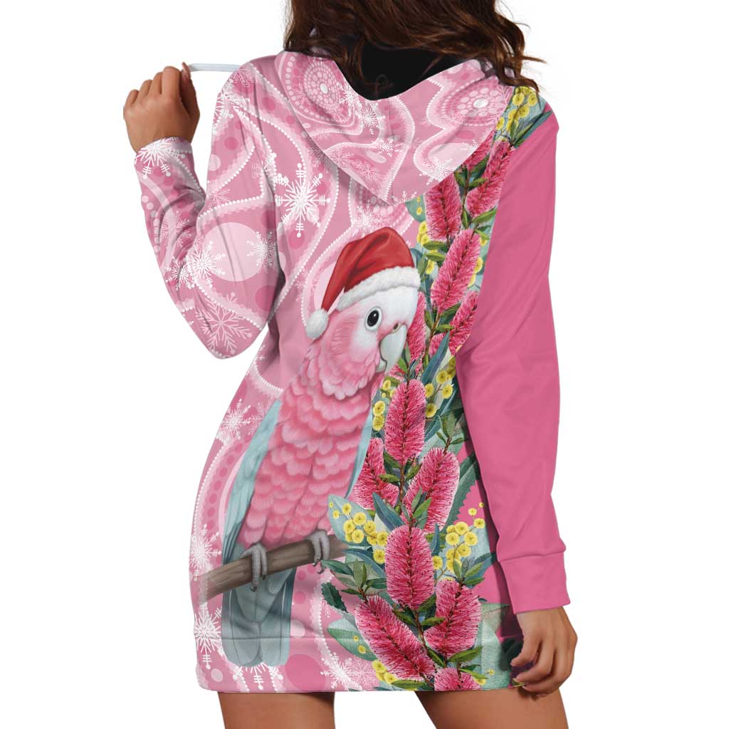 Australia Pink Galah Christmas Hoodie Dress Falalalala Galalah Bottlebrush Aboriginal Art - Aussie Hoodie
