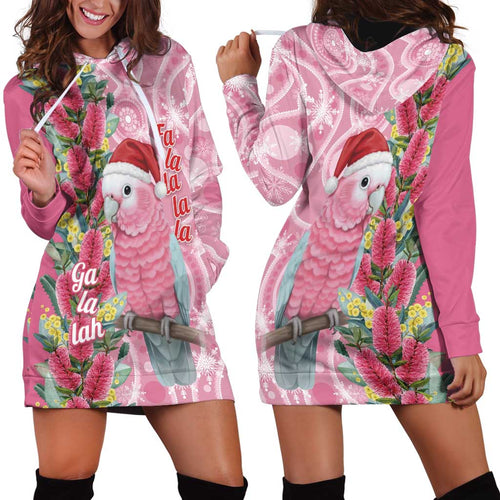 Australia Pink Galah Christmas Hoodie Dress Falalalala Galalah Bottlebrush Aboriginal Art - Aussie Hoodie