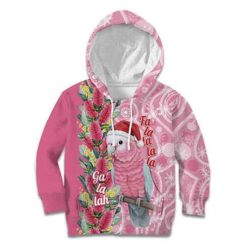 Australia Pink Galah Christmas Kid Hoodie Falalalala Galalah Bottlebrush Aboriginal Art - Aussie Hoodie
