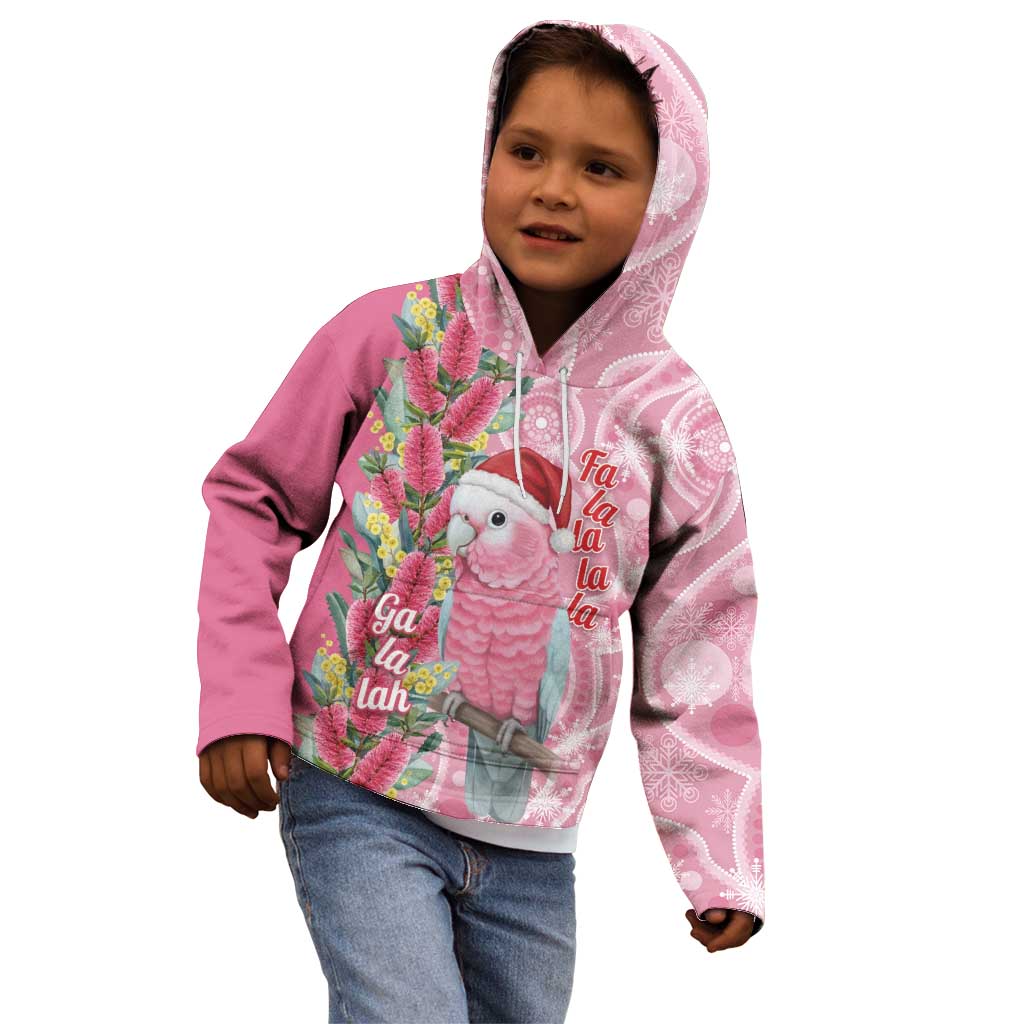 Australia Pink Galah Christmas Kid Hoodie Falalalala Galalah Bottlebrush Aboriginal Art - Aussie Hoodie