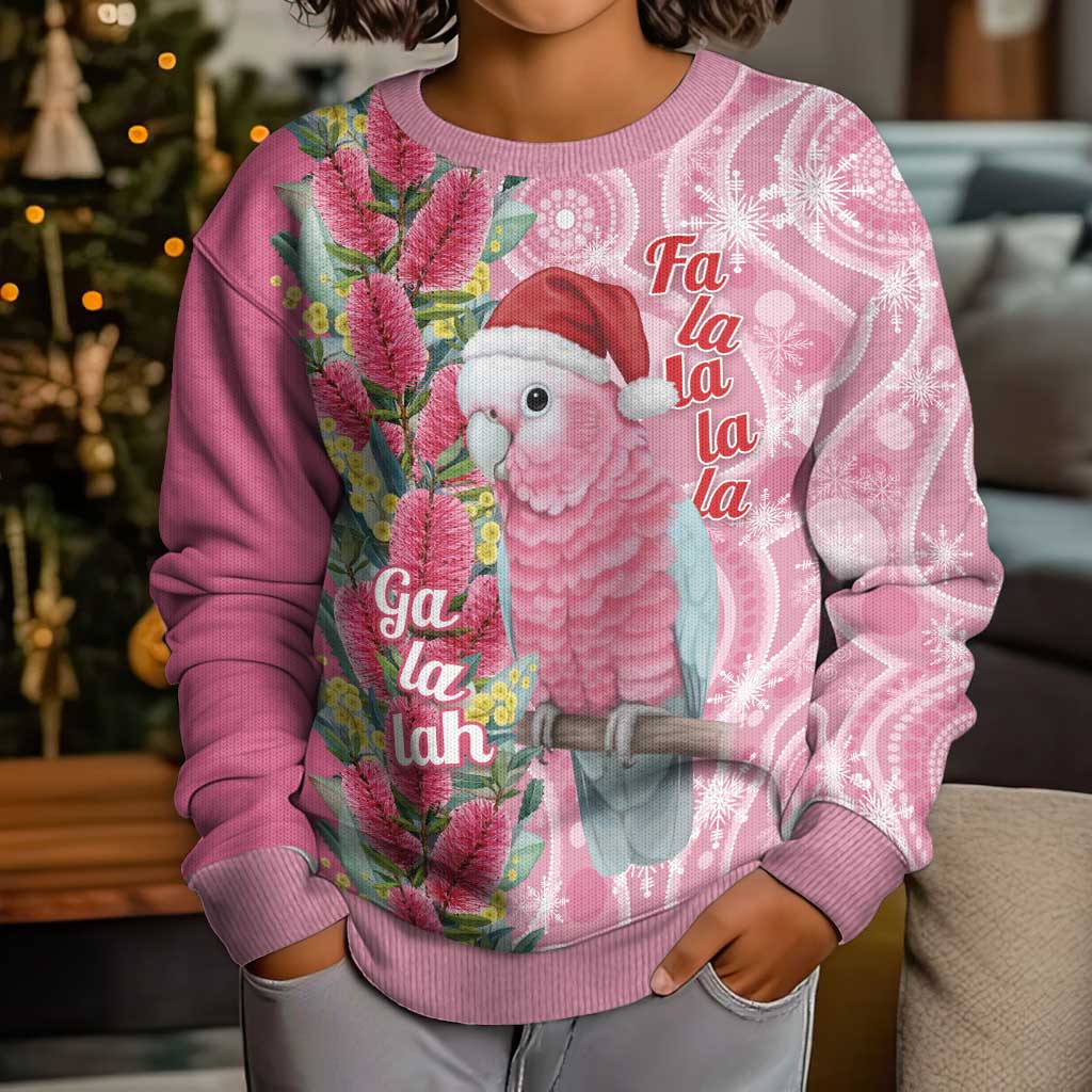 Australia Pink Galah Christmas Kid Ugly Christmas Sweater Falalalala Galalah Bottlebrush Aboriginal Art - Aussie Hoodie