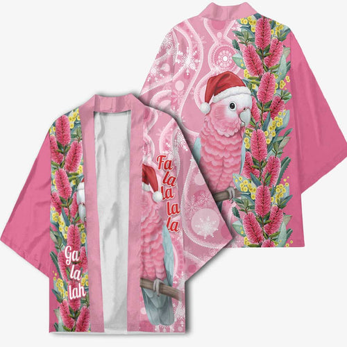 Australia Pink Galah Christmas Kimono Falalalala Galalah Bottlebrush Aboriginal Art - Aussie Hoodie