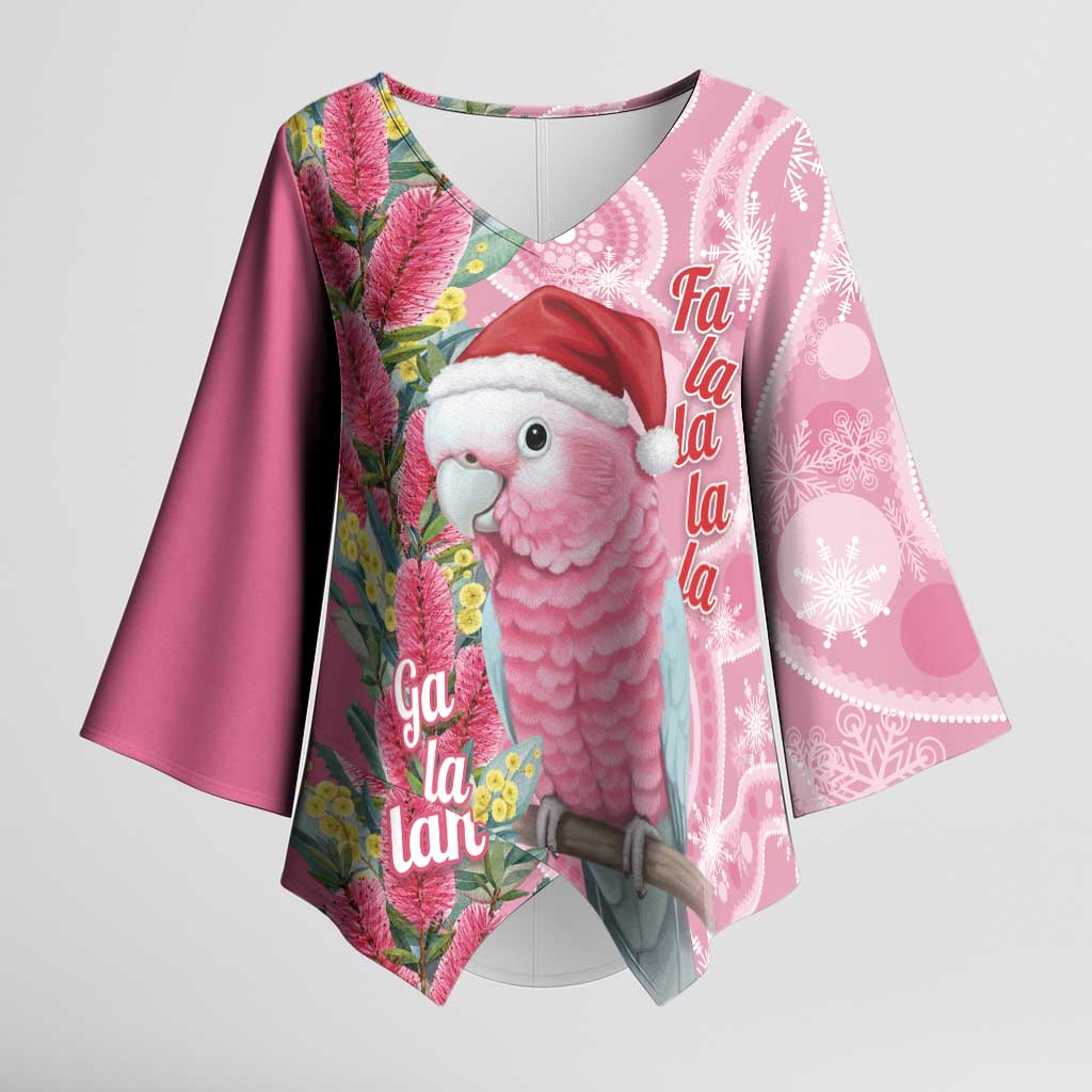 Australia Pink Galah Christmas Kimono Sleeve Blouse Falalalala Galalah Bottlebrush Aboriginal Art - Aussie Hoodie