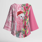 Australia Pink Galah Christmas Kimono Sleeve Blouse Falalalala Galalah Bottlebrush Aboriginal Art - Aussie Hoodie
