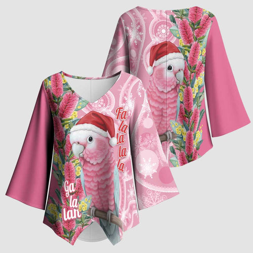 Australia Pink Galah Christmas Kimono Sleeve Blouse Falalalala Galalah Bottlebrush Aboriginal Art - Aussie Hoodie