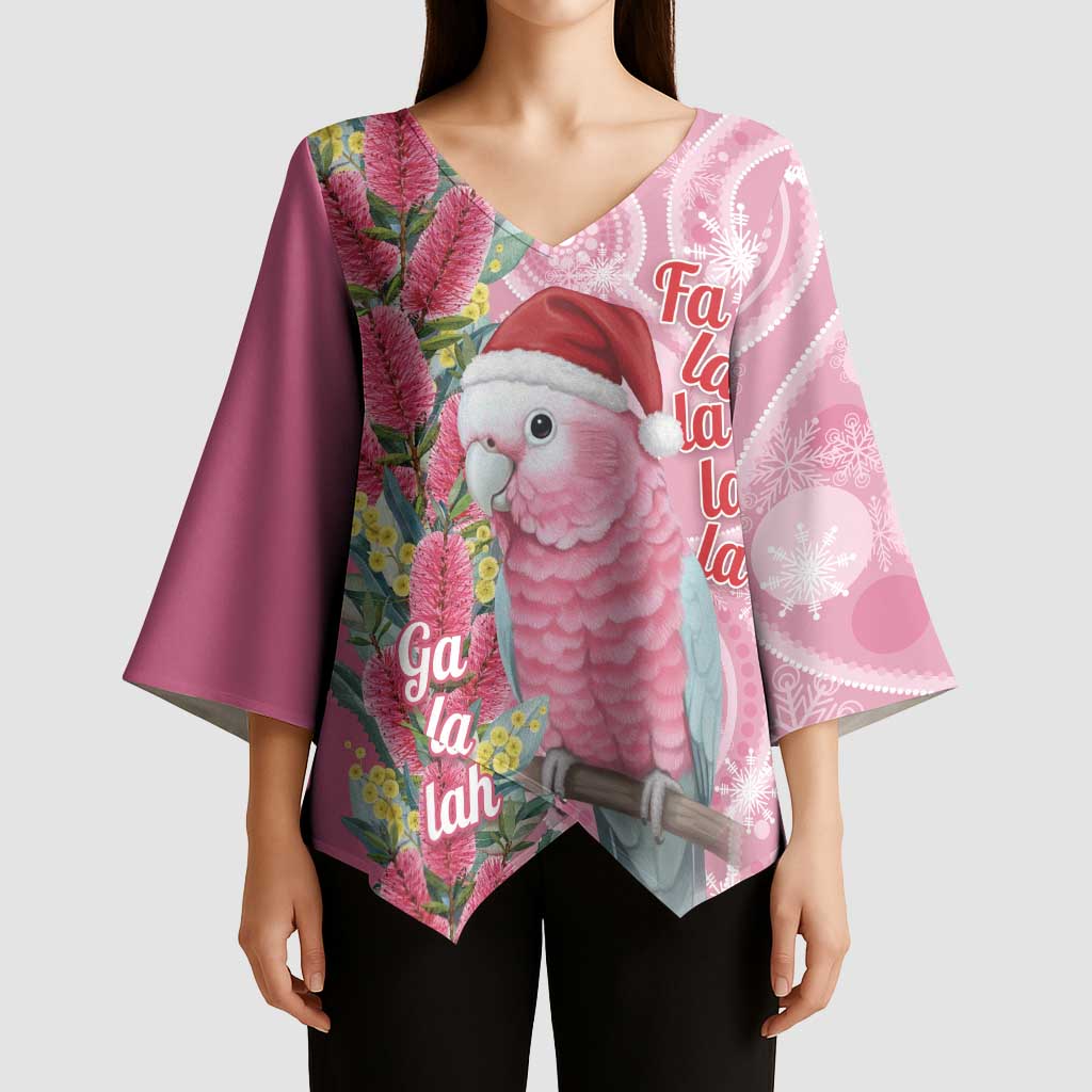 Australia Pink Galah Christmas Kimono Sleeve Blouse Falalalala Galalah Bottlebrush Aboriginal Art - Aussie Hoodie
