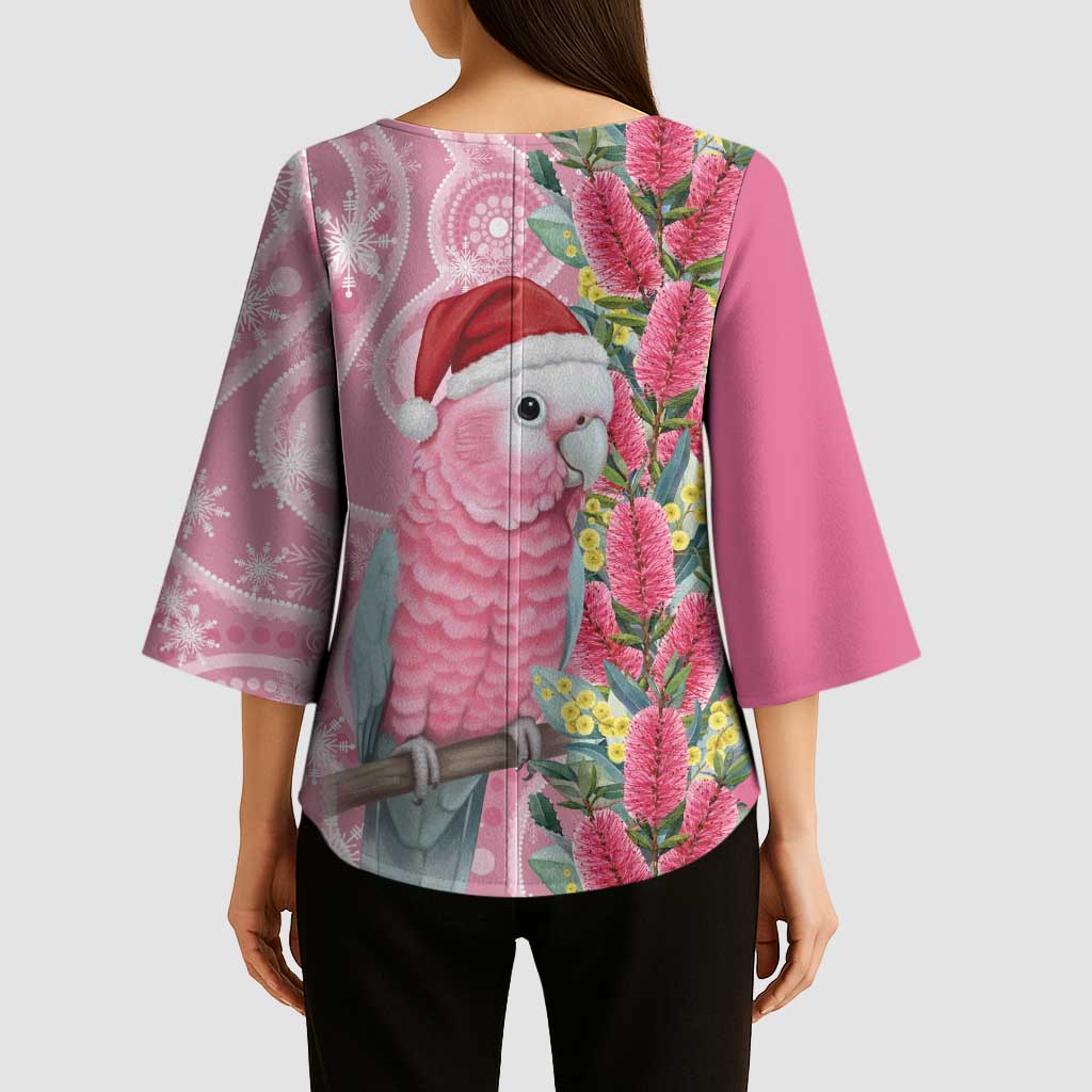Australia Pink Galah Christmas Kimono Sleeve Blouse Falalalala Galalah Bottlebrush Aboriginal Art - Aussie Hoodie
