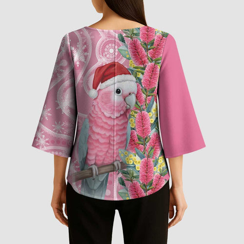 Australia Pink Galah Christmas Kimono Sleeve Blouse Falalalala Galalah Bottlebrush Aboriginal Art - Aussie Hoodie